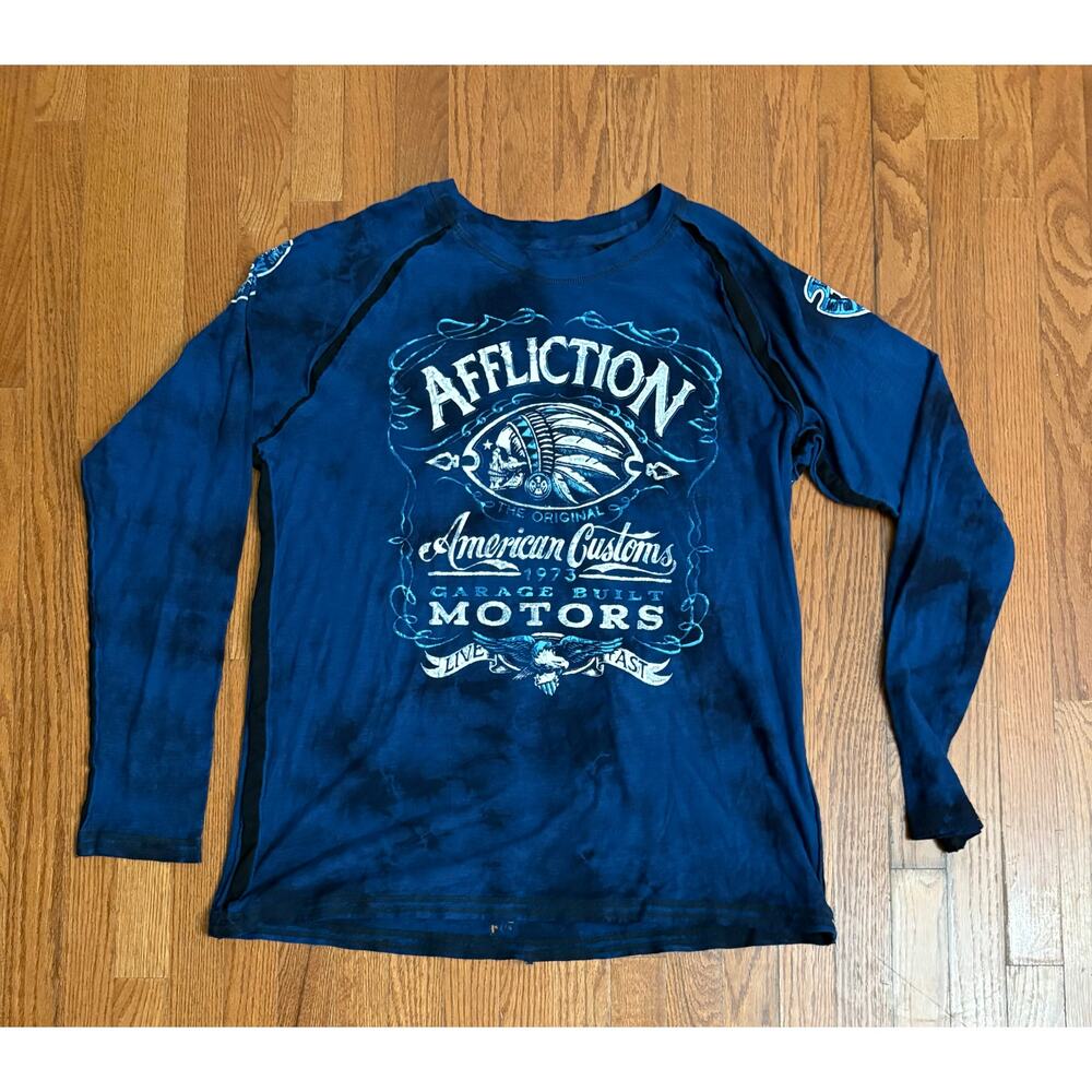 Affliction American Customs Motors Long Sleeve Shirt Blue Tie Dye Mens 2XL